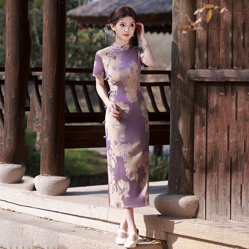 Beth and Brian Qipao-SMQ Jacquard silk, pink&purple long Cheongsam