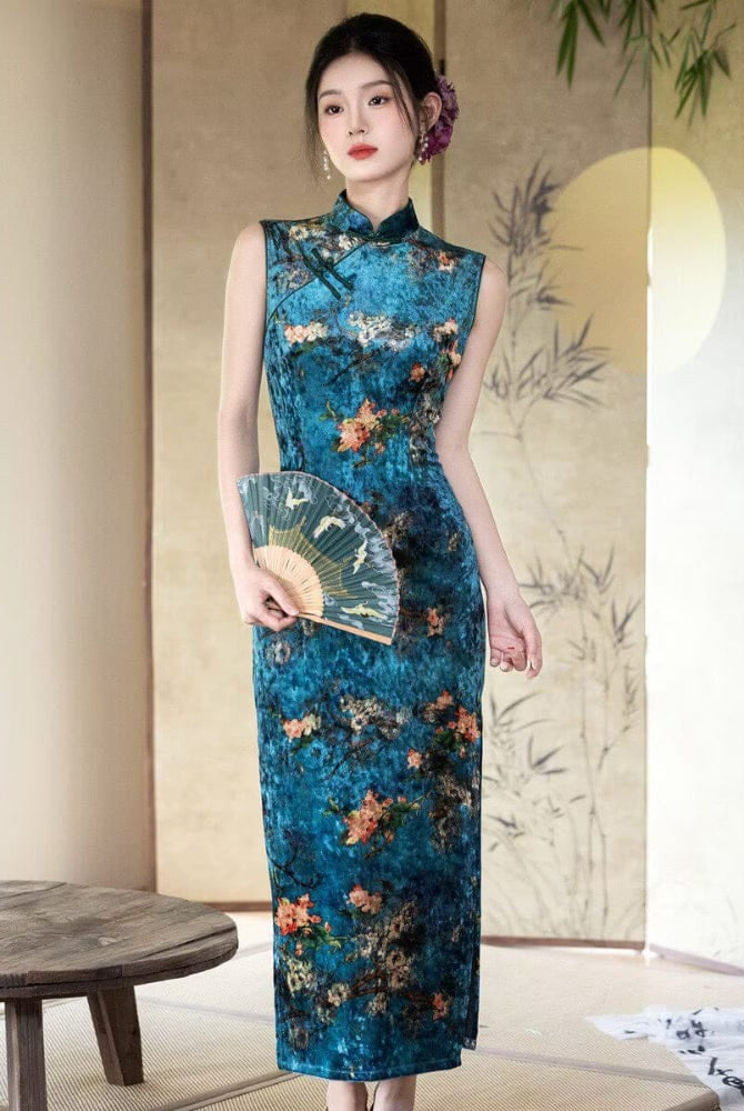 Beth and Brian Qipao-YS Spring collectionn, plum blossom pattern, velvet long Cheongsam