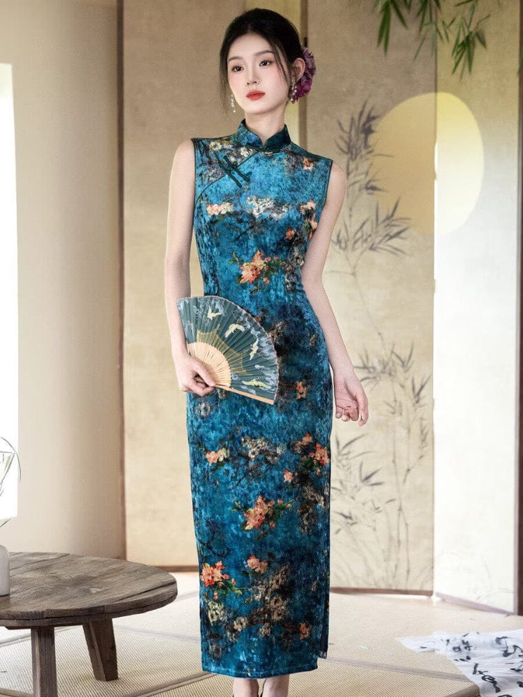 Beth and Brian Qipao-YS Spring collectionn, plum blossom pattern, velvet long Cheongsam