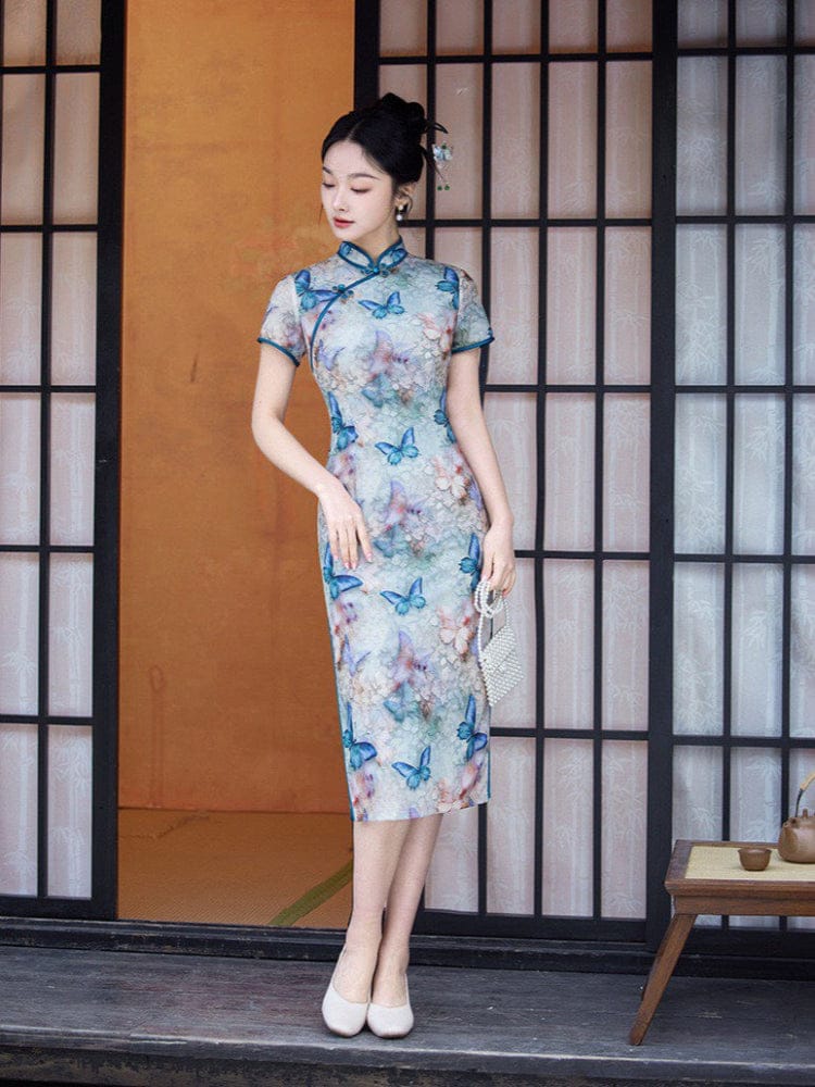 Beth and Brian Qipao-TF Butterfly pattern, brocade midi Cheongsam