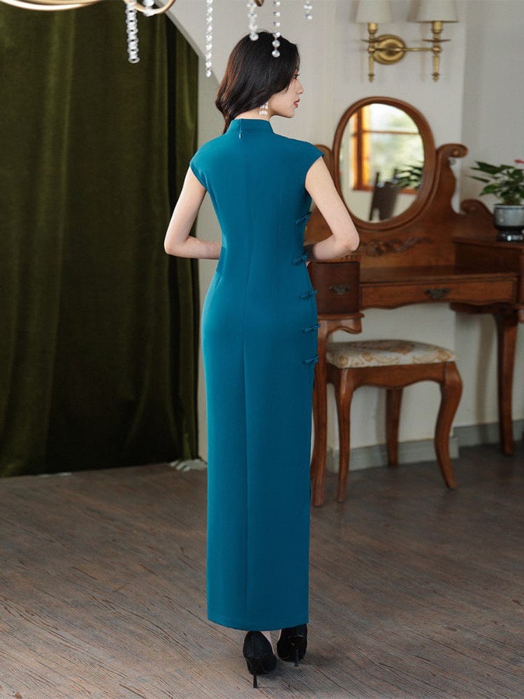 Beth and Brian Qipao-XLY Hong Kong Style, plain blue long Cheongsam