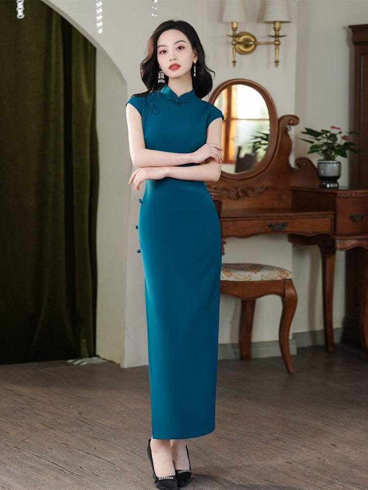 Beth and Brian Qipao-XLY Hong Kong Style, plain blue long Cheongsam