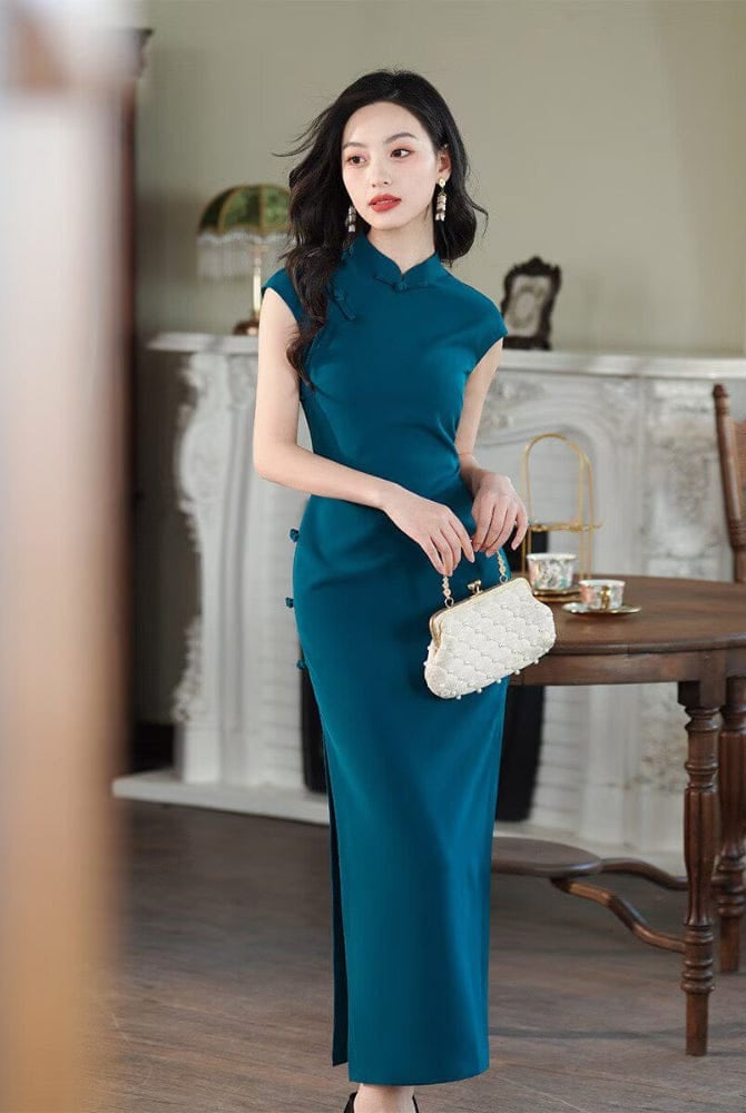 Beth and Brian Qipao-XLY Hong Kong Style, plain blue long Cheongsam