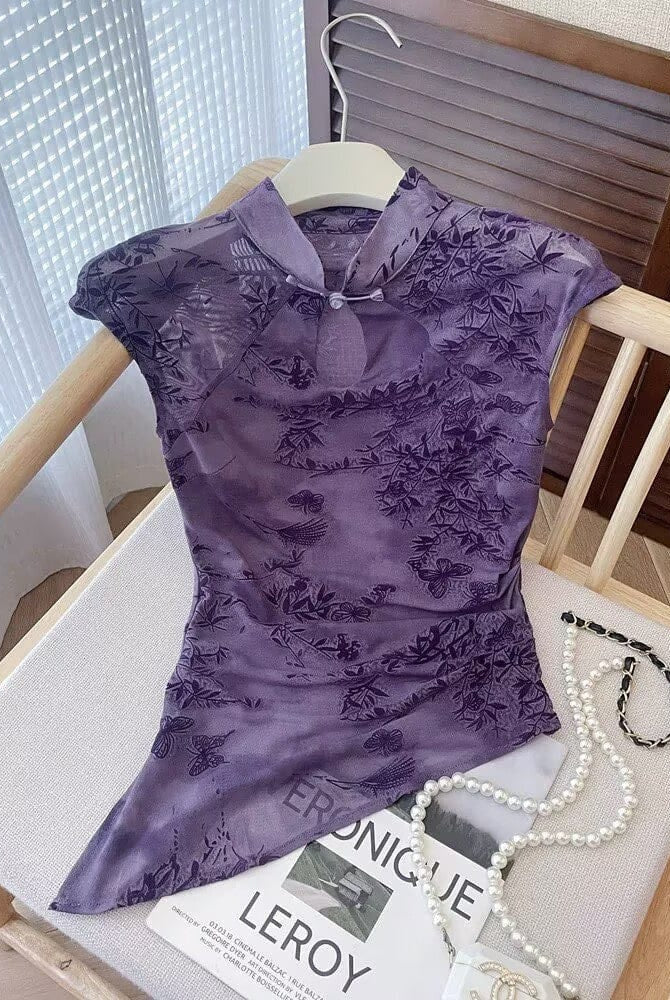 Beth and Brian Qipao-JB New Chinese style (新中式), water drop collar, purple Irregular Qipao Top