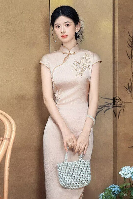 Beth and Brian Qipao-SMQ Leaf embroidery, satin champagne long Cheongsam