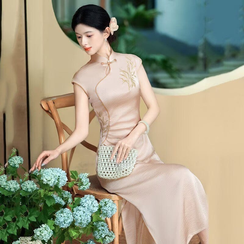 Beth and Brian Qipao-SMQ Leaf embroidery, satin champagne long Cheongsam