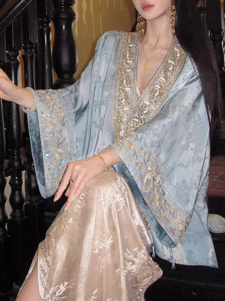 Beth and Brian Qipao-SY Loose-Fitting Qipao Coat, blue Qipao Top with flared sleeves
