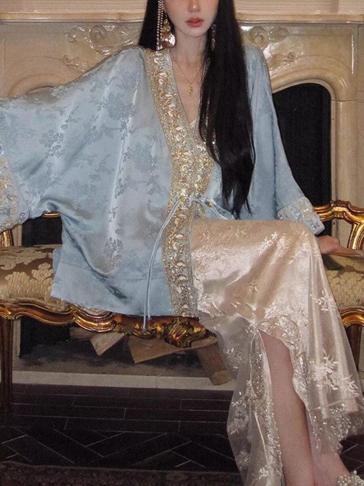 Beth and Brian Qipao-SY Loose-Fitting Qipao Coat, blue Qipao Top with flared sleeves
