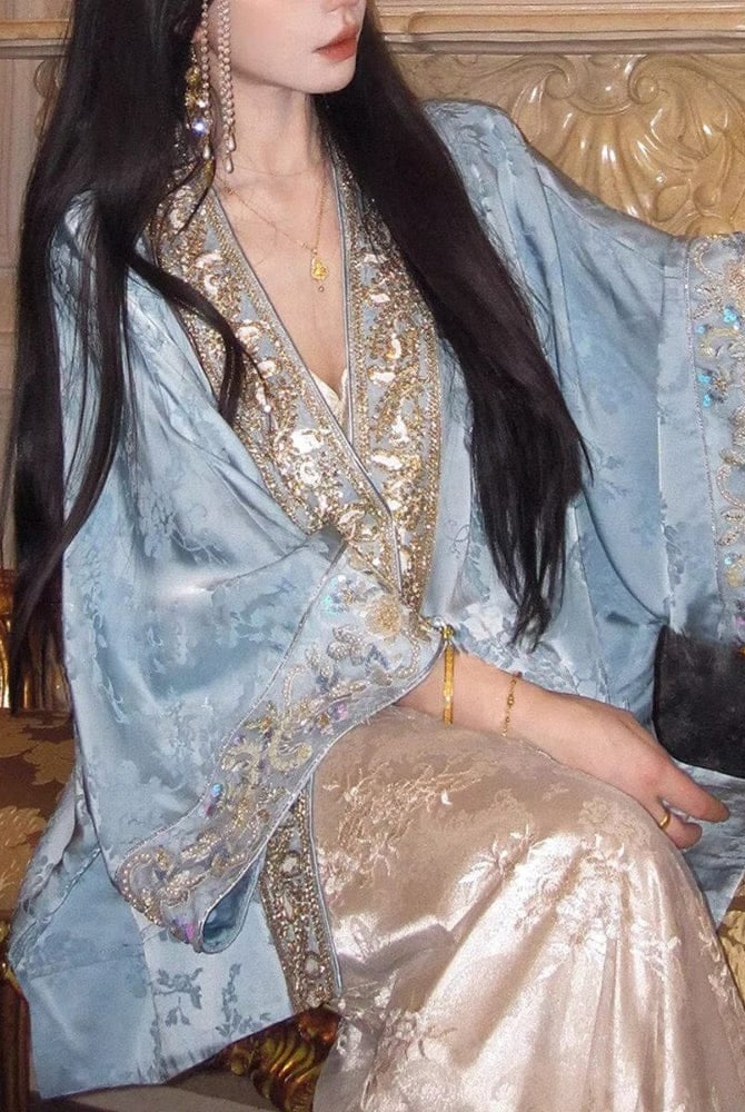 Beth and Brian Qipao-SY Loose-Fitting Qipao Coat, blue Qipao Top with flared sleeves