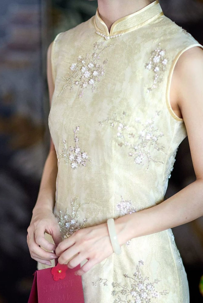 Beth and Brian Qipao-ZXF Qipao for wedding, Beaded Embellished, yellow long Cheongsam