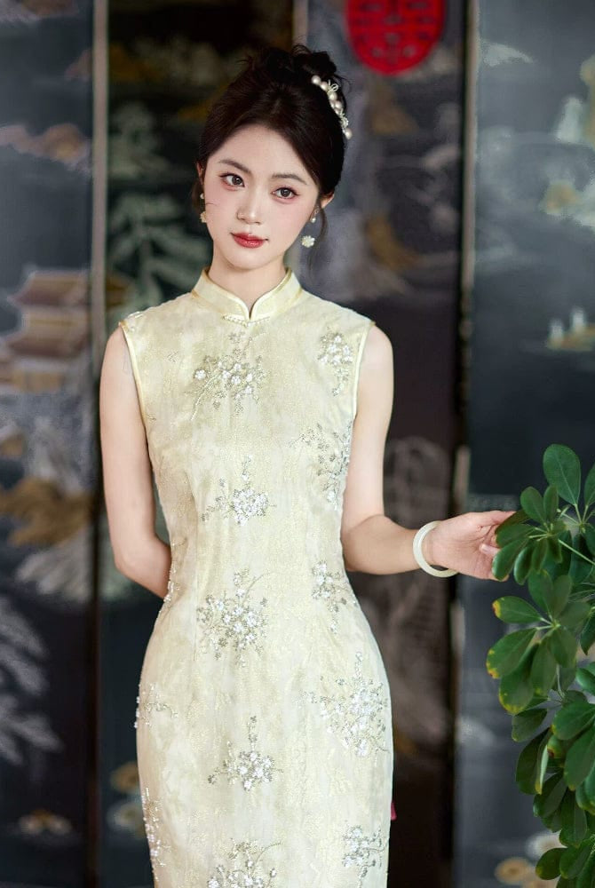 Beth and Brian Qipao-ZXF Qipao for wedding, Beaded Embellished, yellow long Cheongsam
