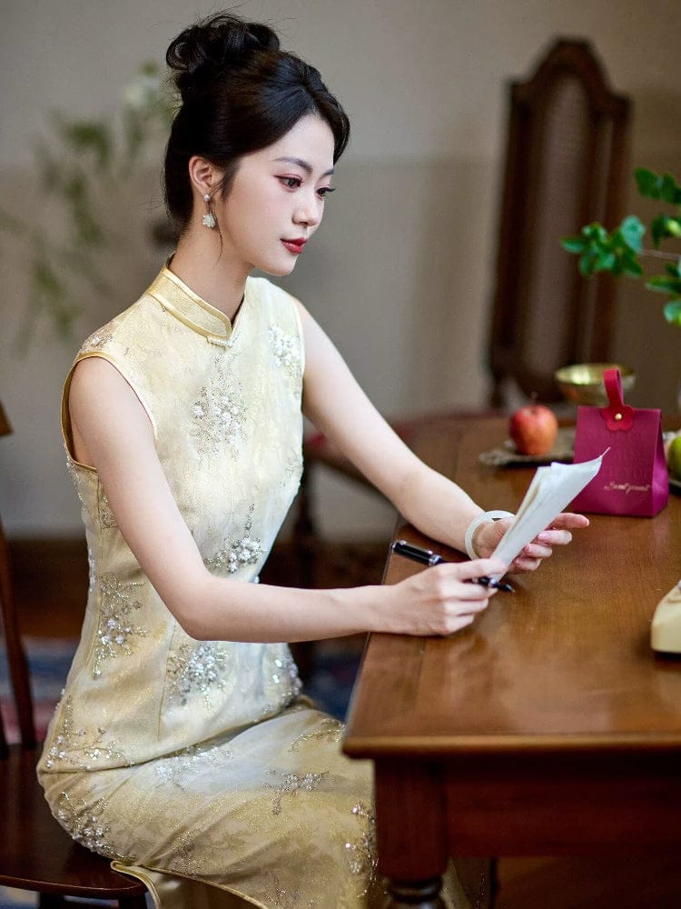 Beth and Brian Qipao-ZXF Qipao for wedding, Beaded Embellished, yellow long Cheongsam
