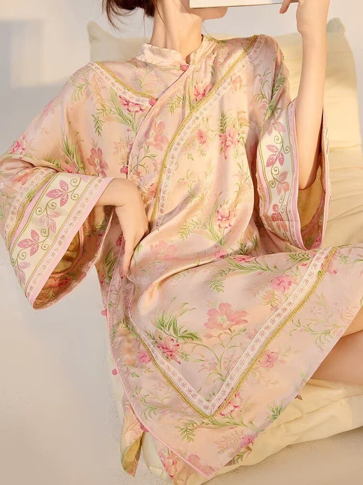 Beth and Brian Qipao-JZ Flared sleeves, floral pattern, loose-fitting pink Qipao coat
