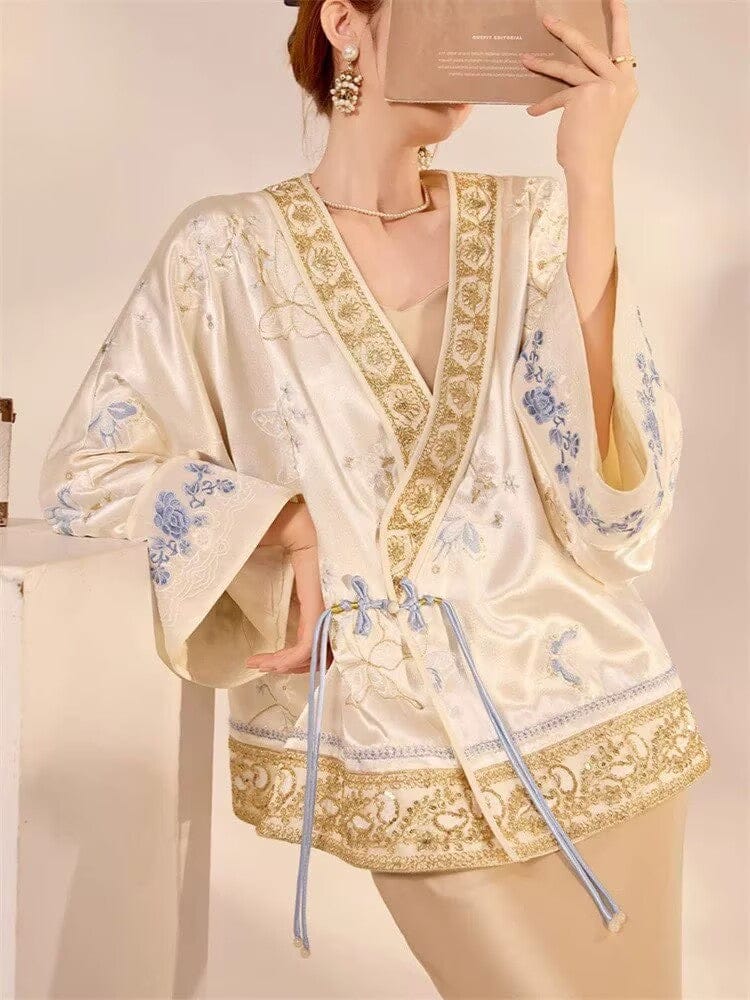 Beth and Brian Qipao-JZ Loose-Fitting Qipao Coat, V-neck, champagne Qipao Top with flared sleeves