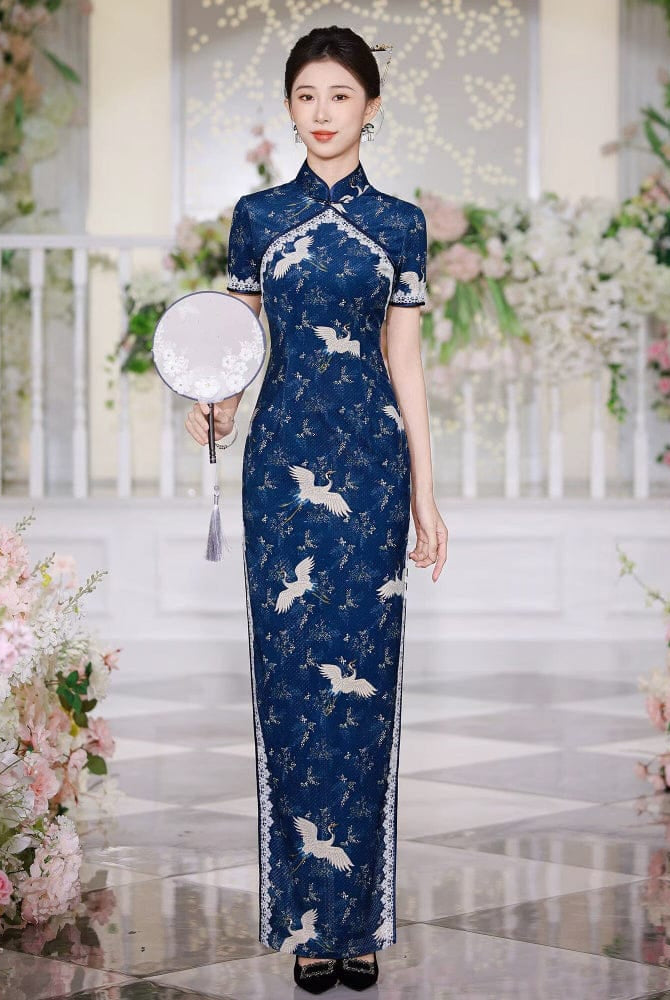 Beth and Brian Qipao-JNCT Crane embroidery, plus size, blue long Cheongsam