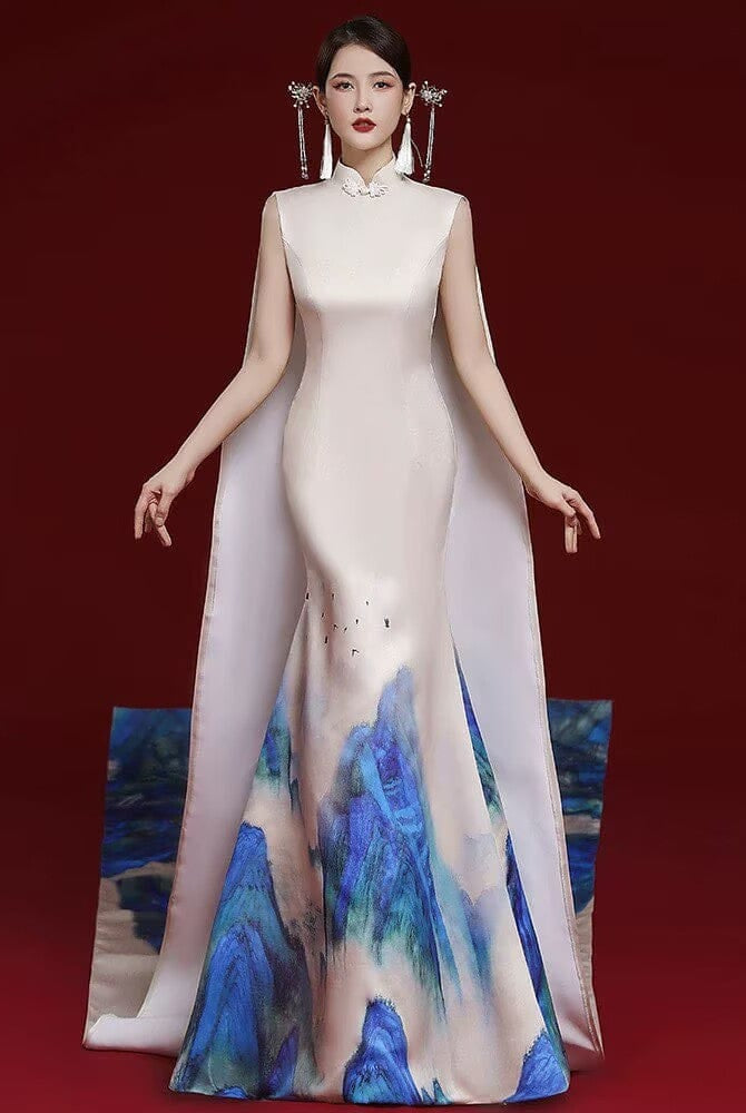 Beth and Brian Qipao-ZGX Thousand Miles of Mountains pattern, champagne long Cheongsam for prom