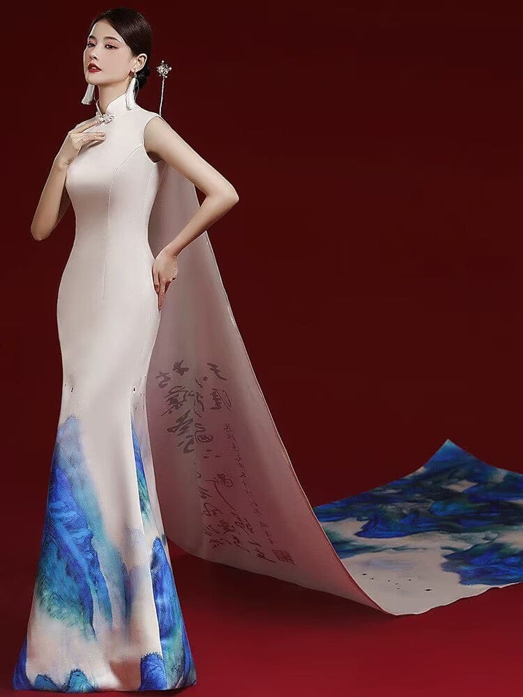 Beth and Brian Qipao-ZGX Thousand Miles of Mountains pattern, champagne long Cheongsam for prom