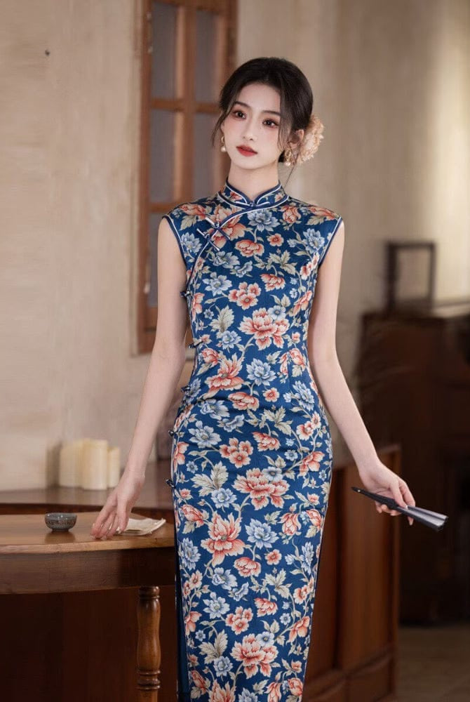 Beth and Brian Qipao-MYJ Old Shanghai style, floral pattern, blue midi Cheongsam