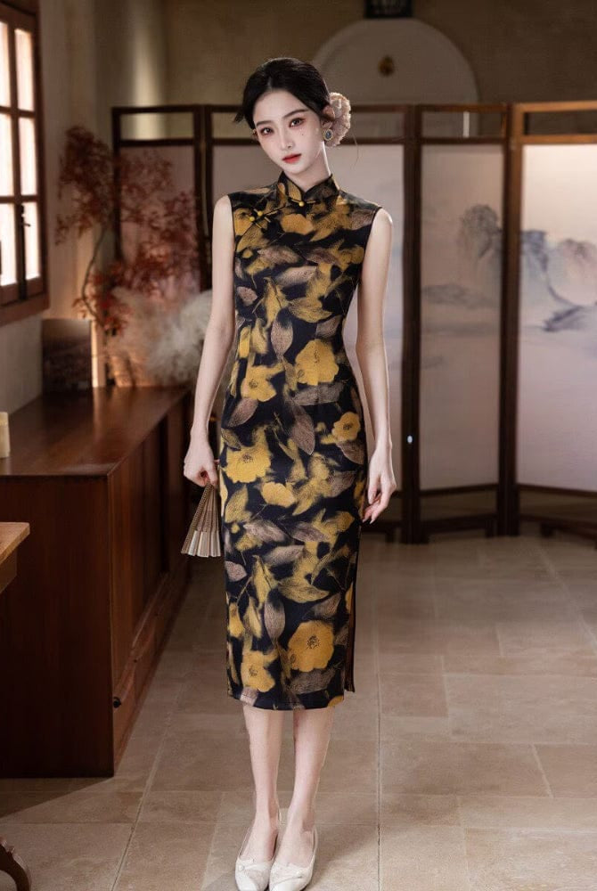 Beth and Brian Qipao-MYJ New Chinese style (新中式), leaf pattern midi Cheongsam