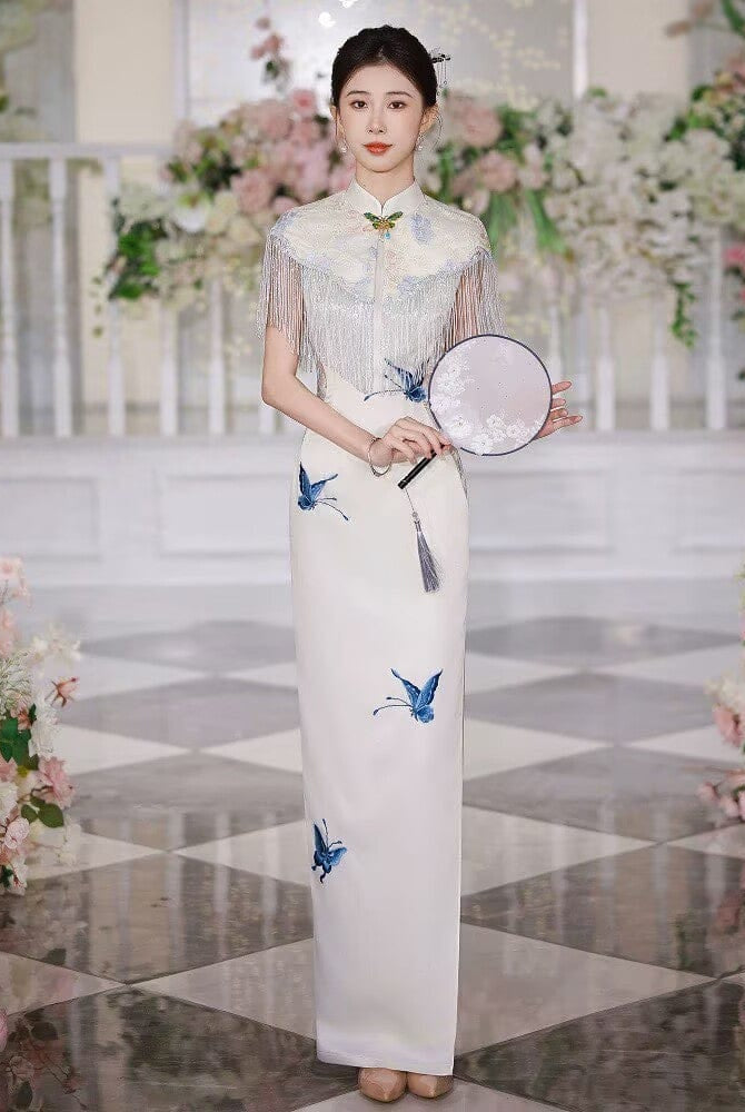 BethandBrianQipao-JNCT Butterfly pattern, white long prom Cheongsam with shawl set