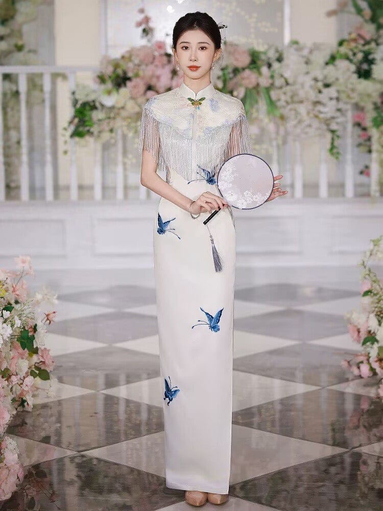 BethandBrianQipao-JNCT Butterfly pattern, white long prom Cheongsam with shawl set