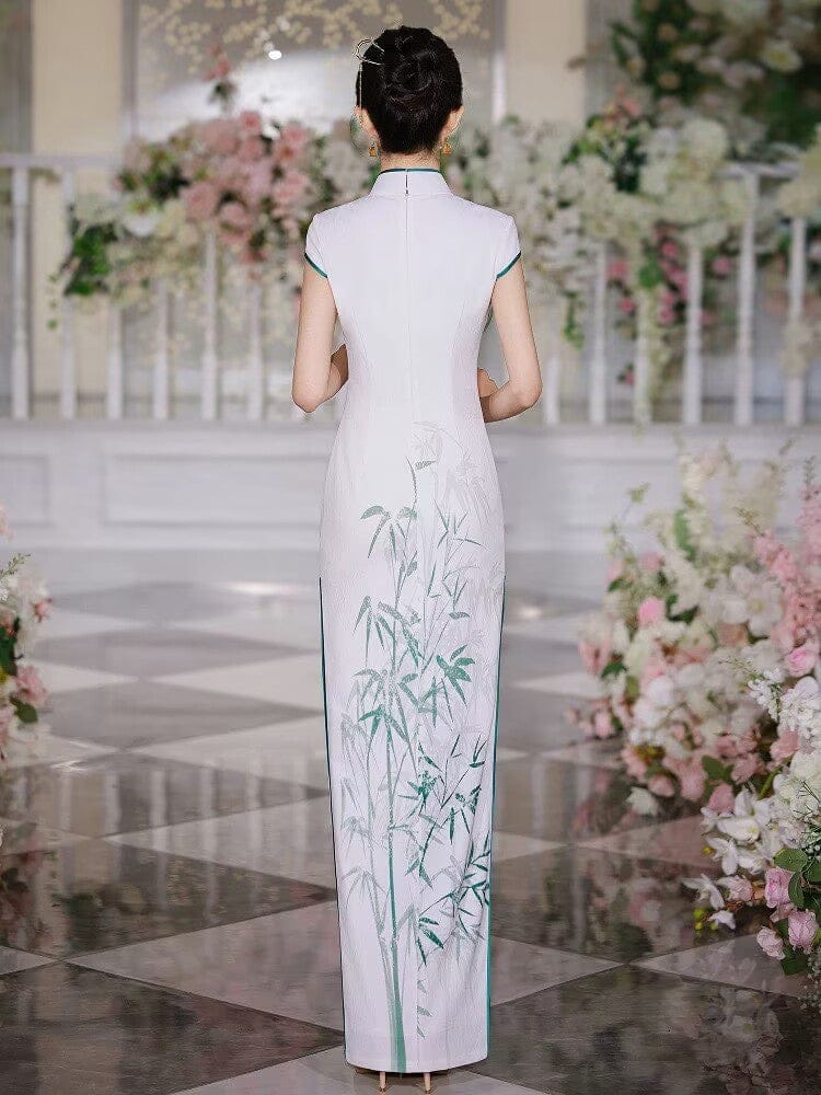 Beth and Brian Qipao-JNCT Bamboo leaf pattern, white long Cheongsam