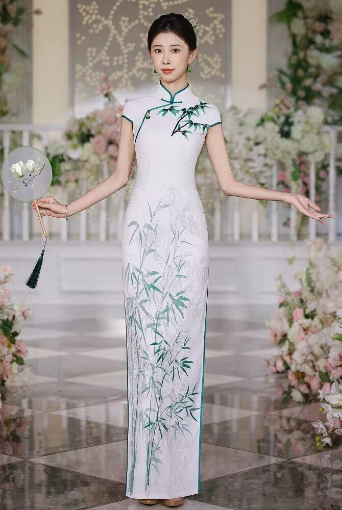 Beth and Brian Qipao-JNCT Bamboo leaf pattern, white long Cheongsam