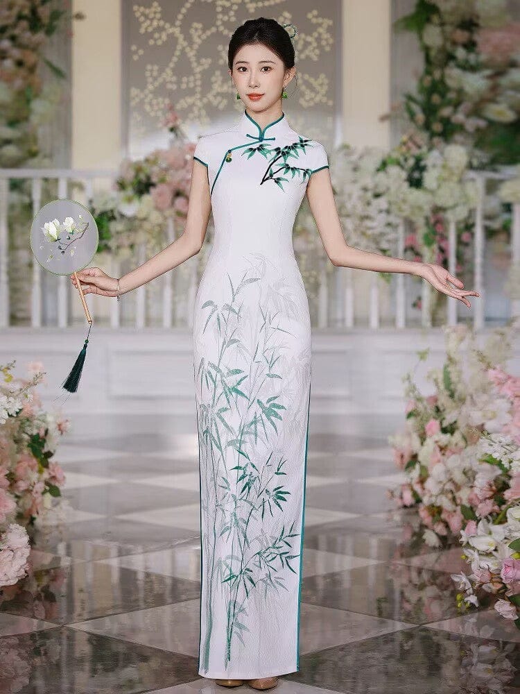 Beth and Brian Qipao-JNCT Bamboo leaf pattern, white long Cheongsam