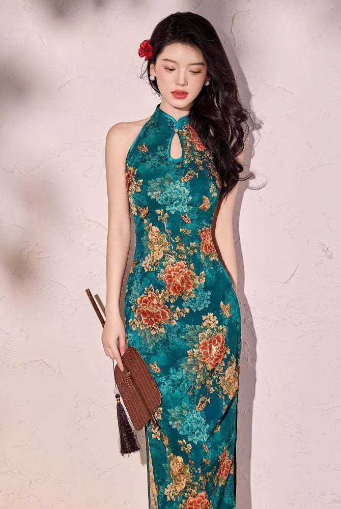 Beth and Brian Qipao-LSB Water drop collar, peony print, blue long Cheongsam