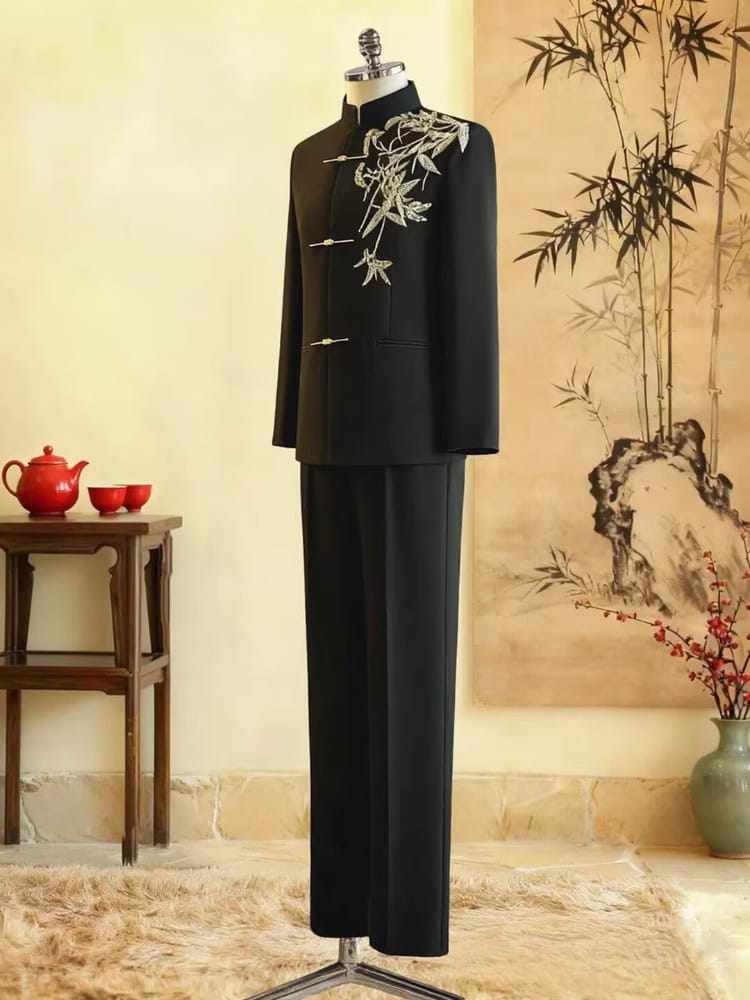 Beth and Brian Qipao-GXS High-end, Gold bamboo leaf embroidery, Men's Chinese Tang Suit Jacket and Pants