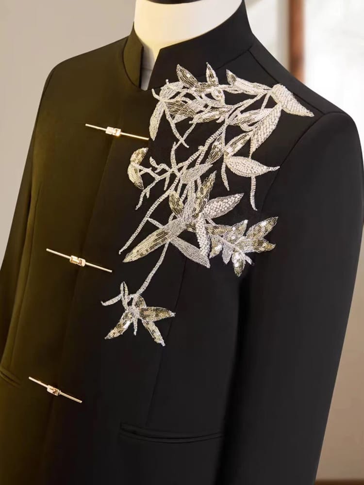 Beth and Brian Qipao-GXS High-end, Gold bamboo leaf embroidery, Men's Chinese Tang Suit Jacket and Pants