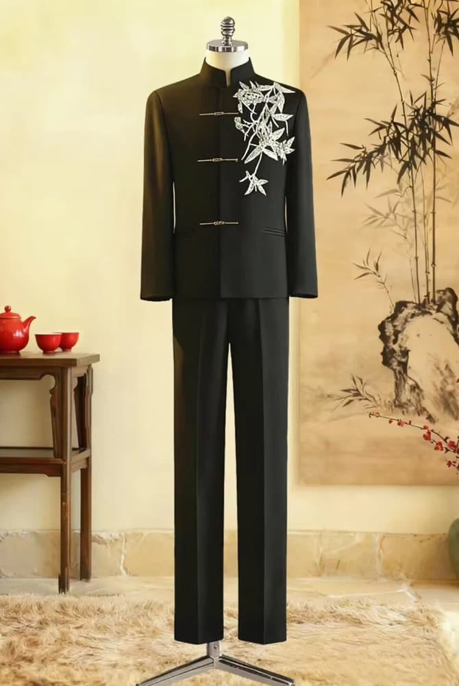 Beth and Brian Qipao-GXS High-end, Gold bamboo leaf embroidery, Men's Chinese Tang Suit Jacket and Pants