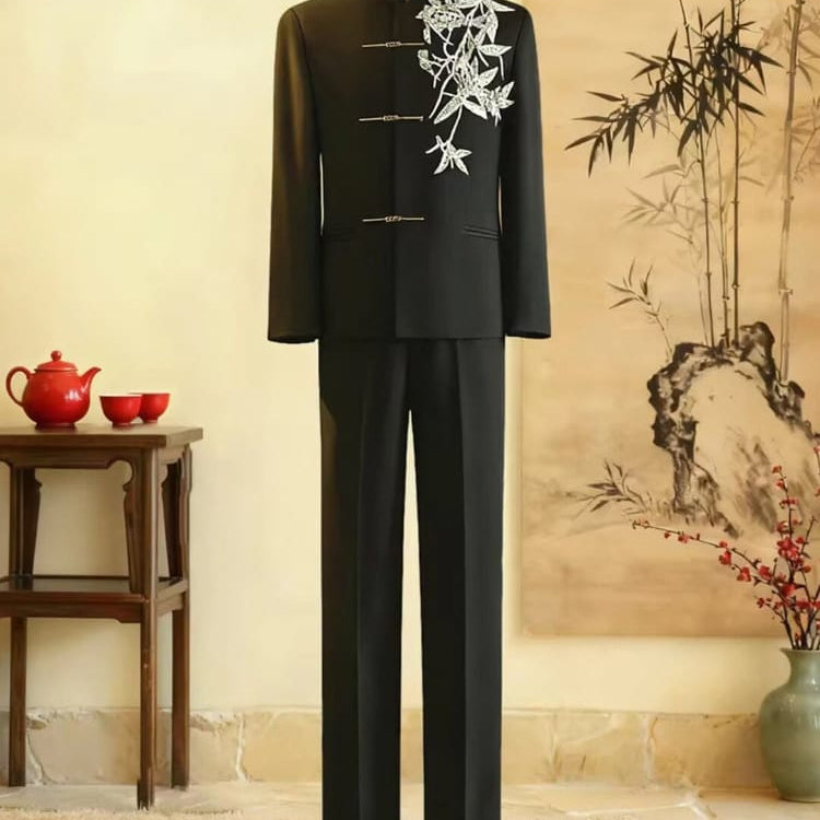 Beth and Brian Qipao-GXS High-end, Gold bamboo leaf embroidery, Men's Chinese Tang Suit Jacket and Pants