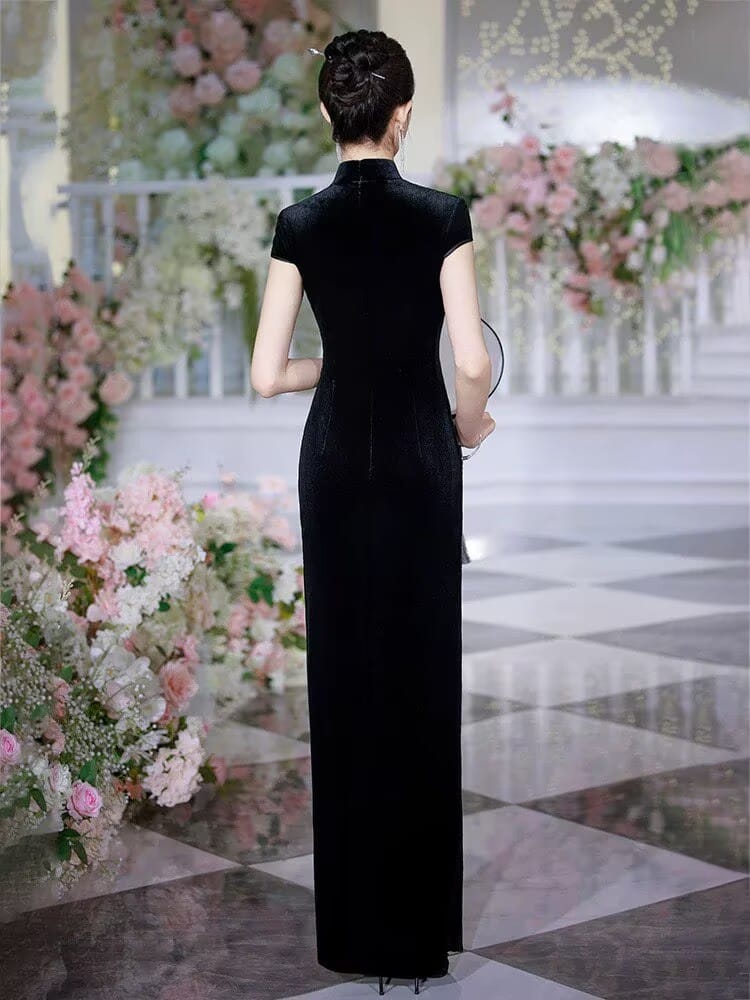 Beth and Brian Qipao-JNCT Silver Bamboo Pattern, black long Cheongsam