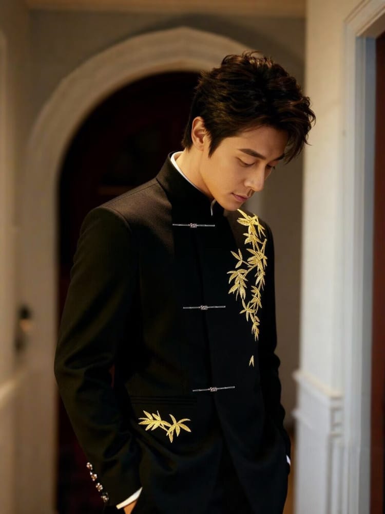 Beth and Brian Qipao-GXS Gold bamboo leaf pattern, Men's Chinese Tang Suit Jacket and Pants