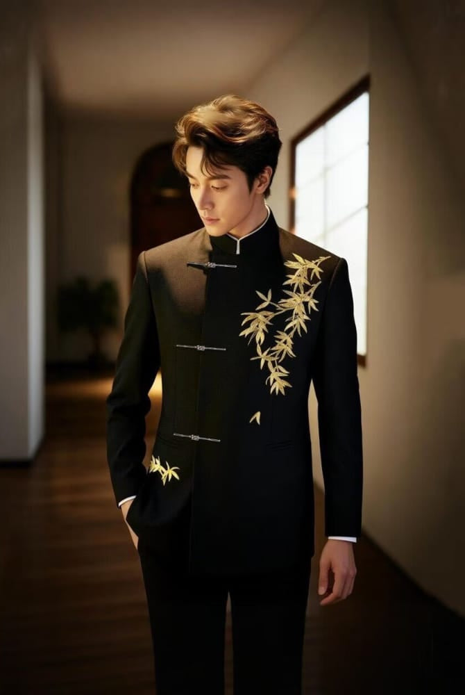 Beth and Brian Qipao-GXS Gold bamboo leaf pattern, Men's Chinese Tang Suit Jacket and Pants