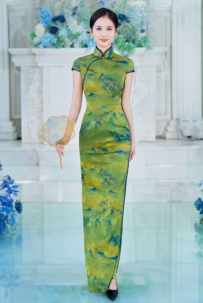 Beth and Brian Qipao-SLJX Great Rivers & Mountains Pattern, green long Cheongsam