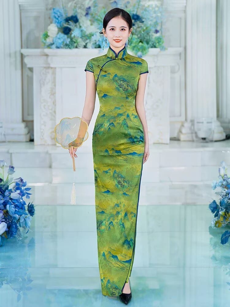 Beth and Brian Qipao-SLJX Great Rivers & Mountains Pattern, green long Cheongsam