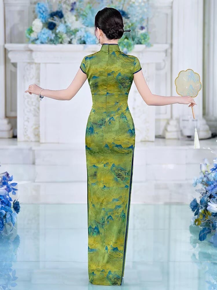 Beth and Brian Qipao-SLJX Great Rivers & Mountains Pattern, green long Cheongsam