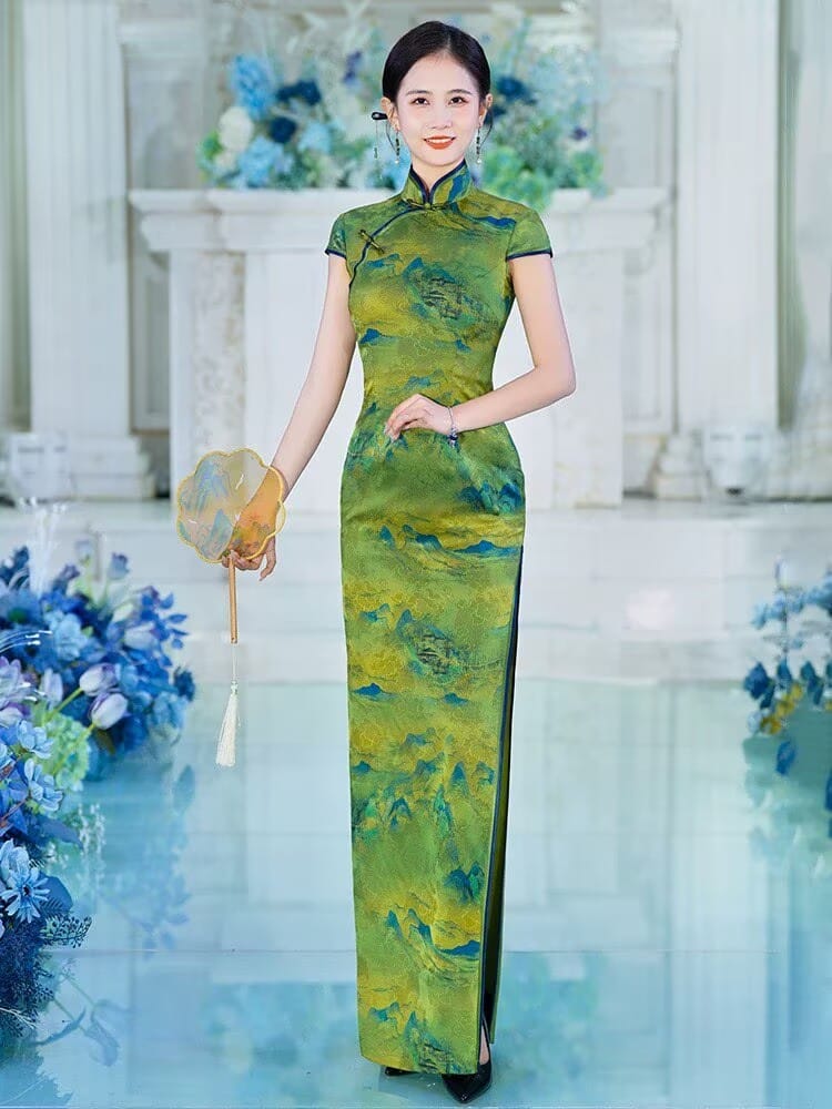 Beth and Brian Qipao-SLJX Great Rivers & Mountains Pattern, green long Cheongsam