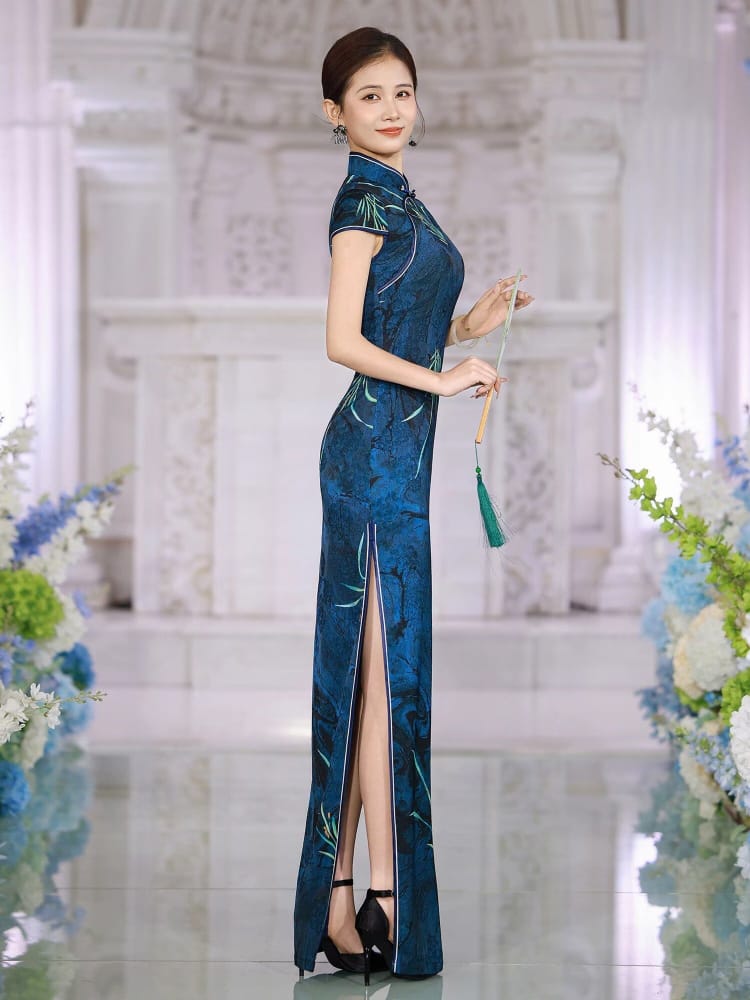Beth and Brian Qipao-SLJX Ink Pond Orchid Pattern, dark blue long Cheongsam