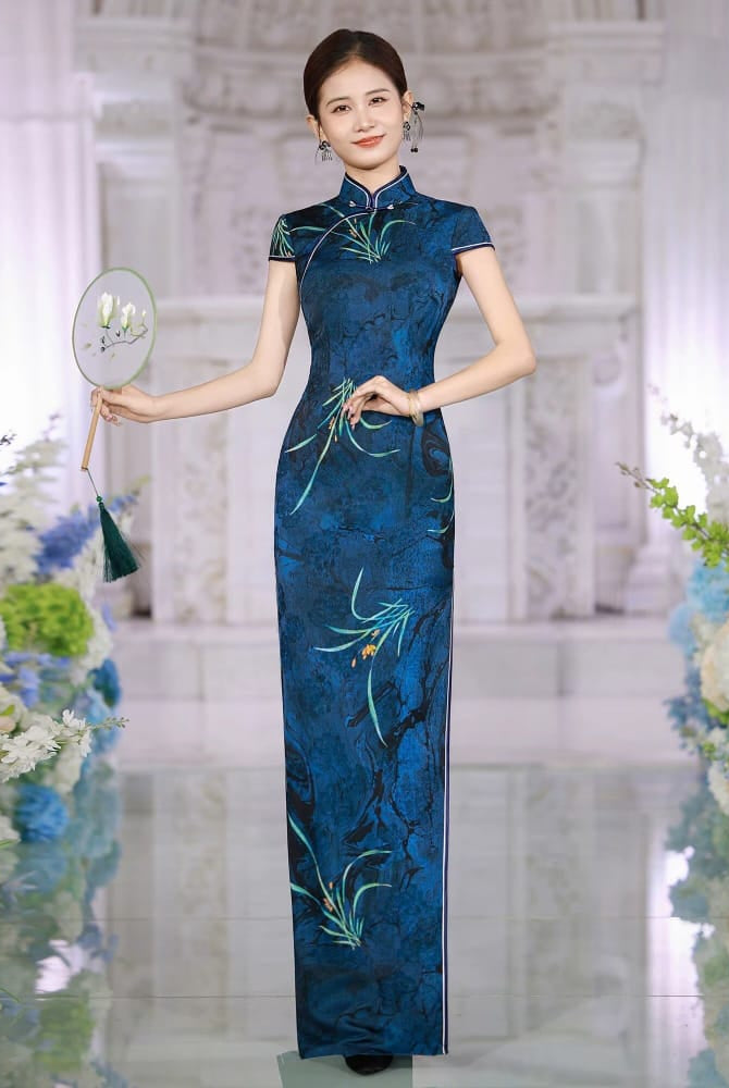 Beth and Brian Qipao-SLJX Ink Pond Orchid Pattern, dark blue long Cheongsam