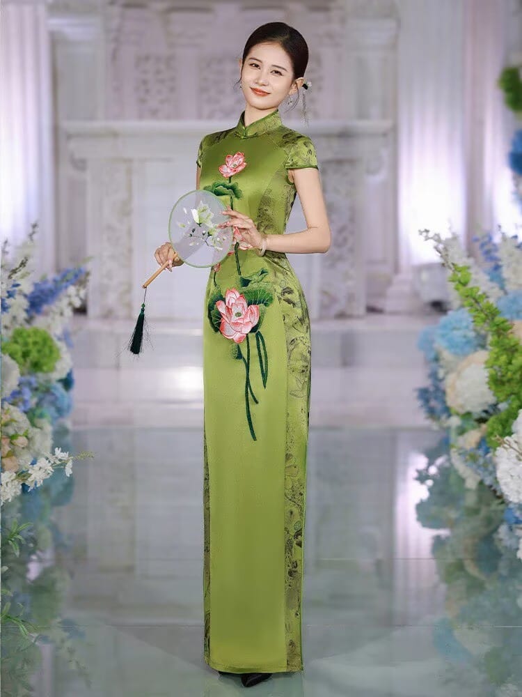 Beth and Brian Qipao-SLJX Vintage Summer Lotus Pattern, Green Long Cheongsam