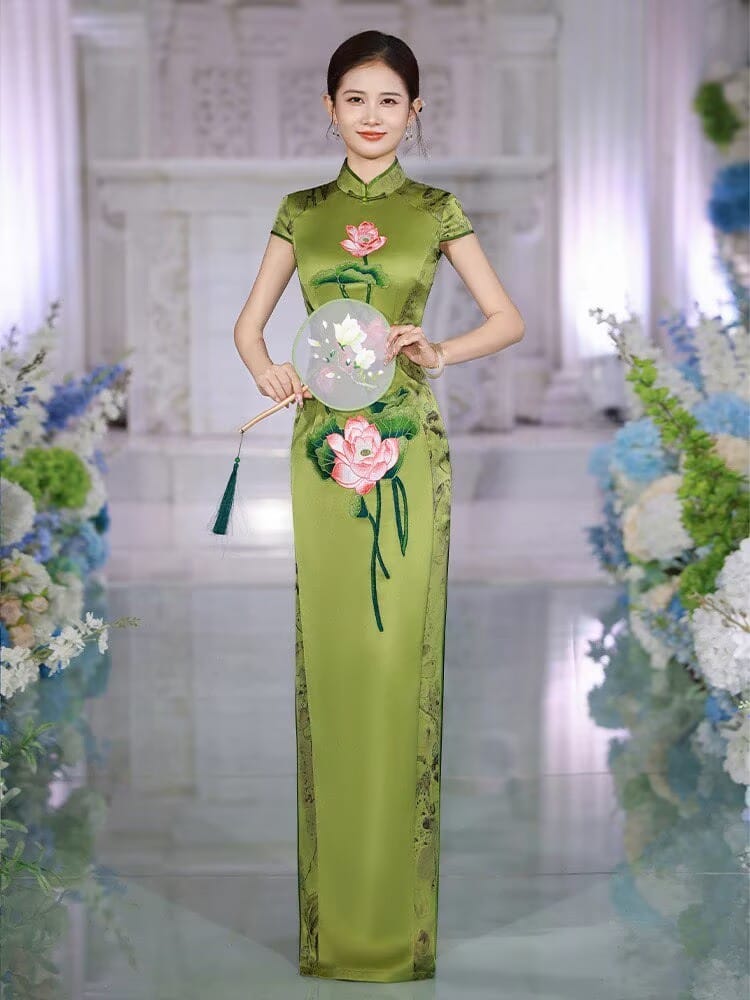 Beth and Brian Qipao-SLJX Vintage Summer Lotus Pattern, Green Long Cheongsam