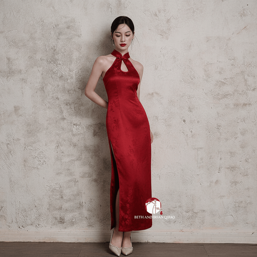 Beth and Brian Qipao-Exclusivedesigner Exclusive designer collection, water-drop collar satin long Qipao