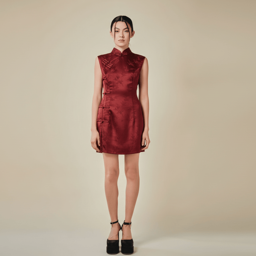 Beth and Brian Qipao-Exclusivedesigner Exclusive designer collection, bamboo satin short Qipao