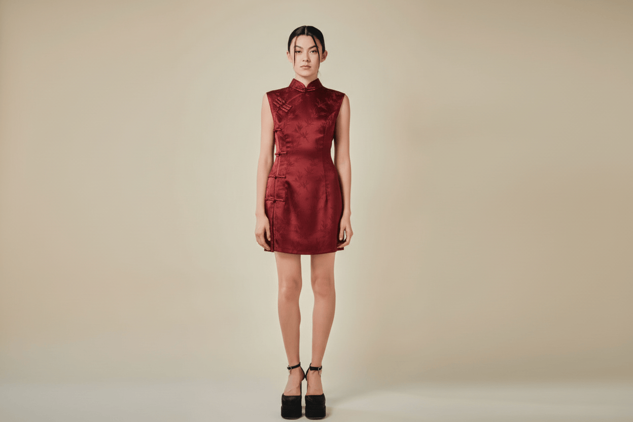 Beth and Brian Qipao-Exclusivedesigner Exclusive designer collection, bamboo satin short Qipao