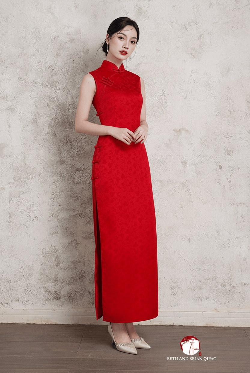 Beth and Brian Qipao-Exclusivedesigner Exclusive designer collection, sleeveless, satin red midi Qipao