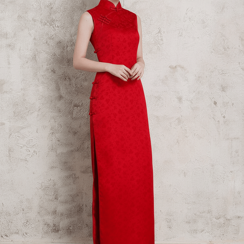 Beth and Brian Qipao-Exclusivedesigner Exclusive designer collection, sleeveless, satin red midi Qipao