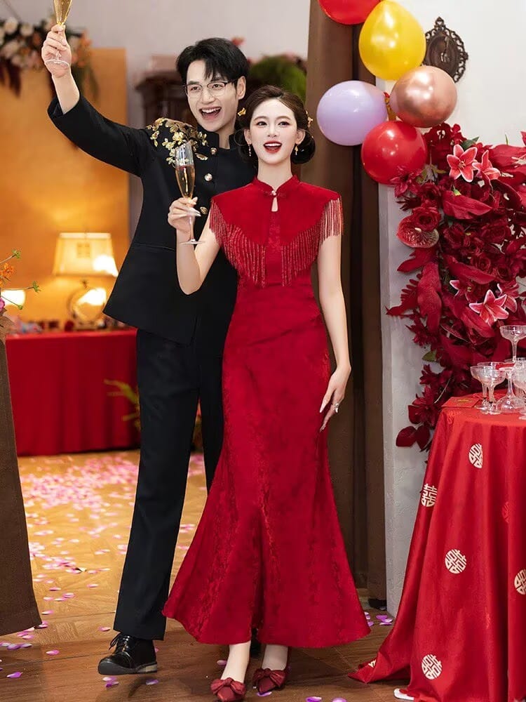 BethandBrianQipao-HLD Wedding long Cheongsam with shawl set